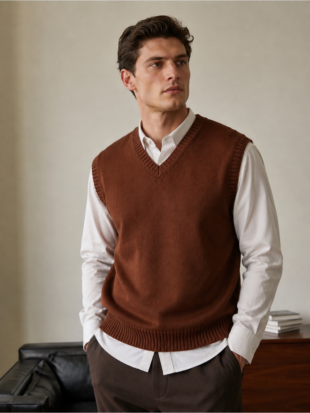 Men’s Brown Chocolate Knit Sweater Vest V-Neck 100% Cotton Pullover size L